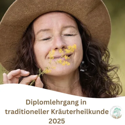 Titelbild Diplomausbildung zur Heilkraeuterpraktikerin in traditioneller Kraeuterheilkunde 2025 - Ellen Langstein riecht an einer gelben Blüte